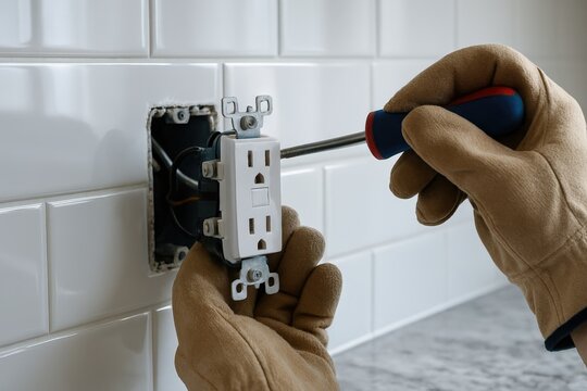 Electrician in protective gloves using screwdriver to install electrical wall outlet socket on tiled wall