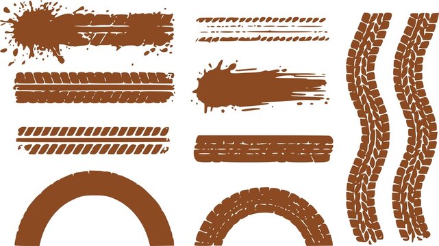 Tire tread marks after skidding, launch, drift, powerslide in motorsport, rally, off-road, motocross. Wheel texture with splash effect. Vector, JPEG version.