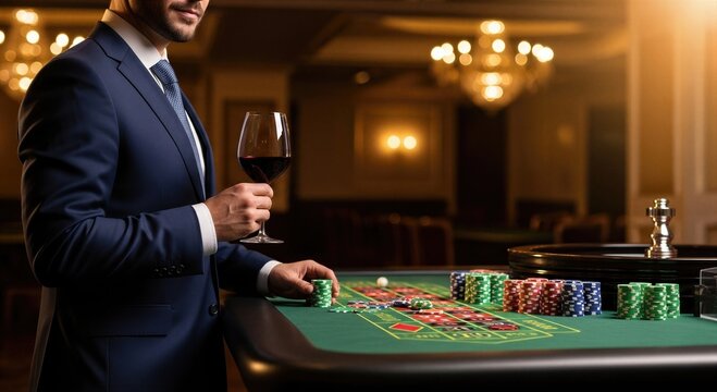 Elegant man holding wine glass beside roulette table with colorful casino chips. Luxury gambling, high stakes betting and wealthy nightlife concept with copy space.