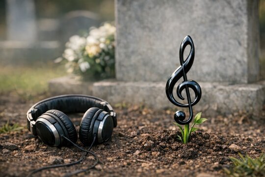 A pair of headphones resting by a grave, often used as a symbol of remembrance or mourning