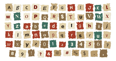 Bold red and black alphabet letters, numbers, and symbols in a ransom note style isolated on a transparent background © BeCoolOk