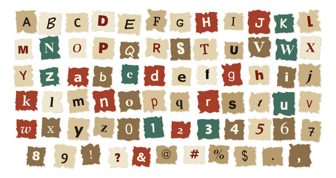 Bold red and black alphabet letters, numbers, and symbols in a ransom note style isolated on a transparent background
