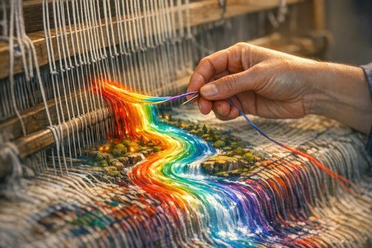 A person weaving a colorful artwork with yarns and threads, creative process in progress