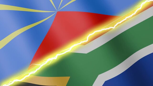 Two waving flags Reunion and South Africa with diagonal lightning seamless, 4k loop