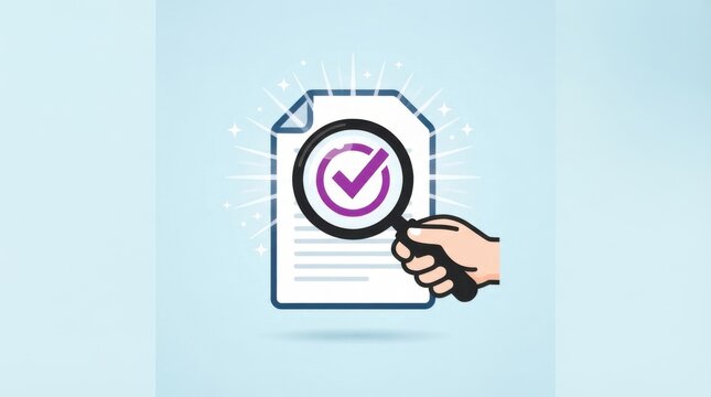 Document review with a magnifying glass and checkmark is illustrated in a vector style verification validation assessment inspection lens