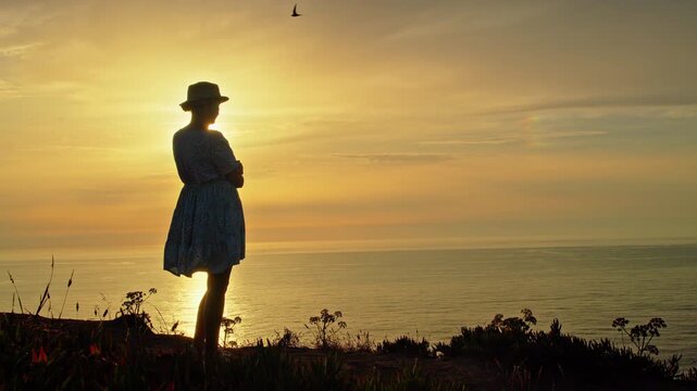 Woman Silhouette Overlooking Atlantic Ocean at Sunset