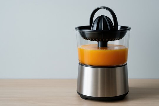 Modern electric citrus juicer filled with freshly squeezed orange juice standing on kitchen countertop