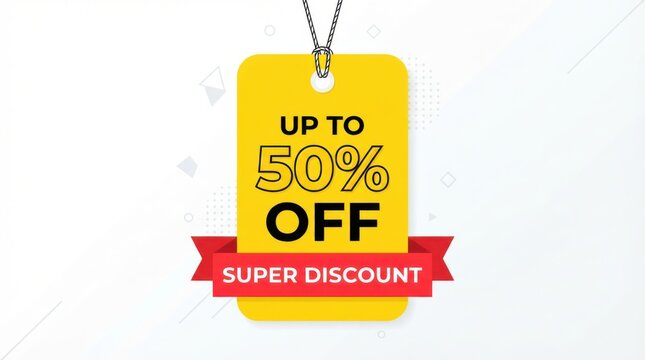 Yellow price tag with discount offer floats against a light gray geometric background sale promotion label vector graphic marketing