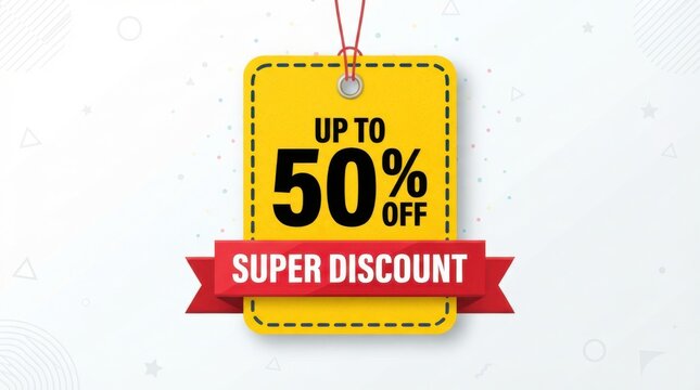 Yellow price tag with a red ribbon advertises a fifty percent discount offer sale promotion pricing markdown retail commerce