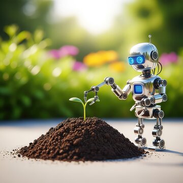 A small silver robot uses its mechanical arm to place a tiny green sprout into rich dark soil within a bright garden or field environment, hardware, technology, planting