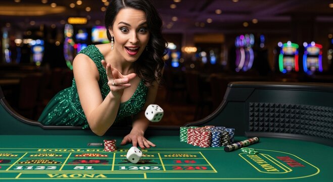Excited woman throwing dice at a casino craps table. Gambling win and luck concept with betting chips, chance, risk, entertainment, and dramatic gaming atmosphere.
