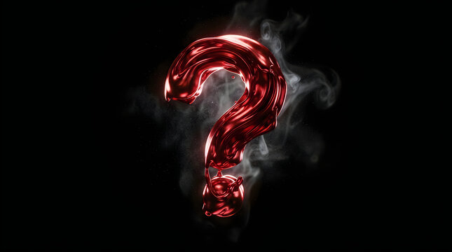 Shiny metallic red question mark symbol floating with smoke on a dark black background