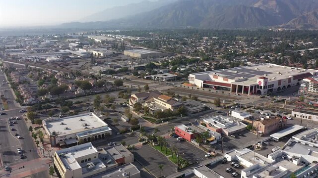Afternoon aerial view of the buildings of downtown Azusa, California, USA.