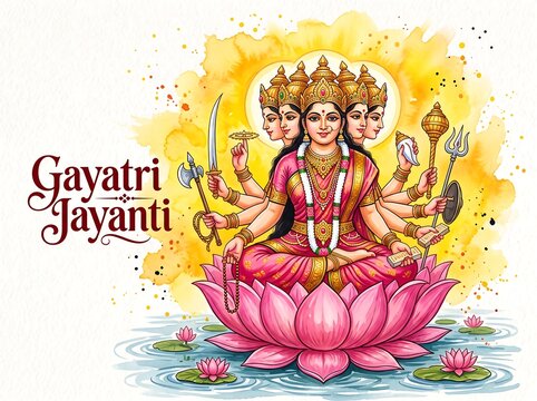 Artistic Gayatri Jayanti Vector Illustration of Four-Armed Gayatri on Lotus with Watercolor Splash