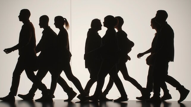 Multiple human silhouettes captured while walking and running, their overlapping forms creating rhythm and motion against a bright background, with strong contrast and a dynamic realistic composition.
