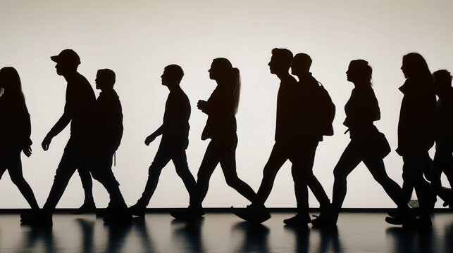 Multiple human silhouettes captured while walking and running, their overlapping forms creating rhythm and motion against a bright background, with strong contrast and a dynamic realistic composition.