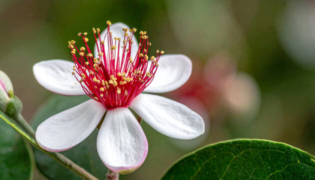 Stunning close-up view of a blooming feijoa flower featuring bright crimson red stamens and white petals against a soft blurred green background, perfect for floral wallpaper, greeting cards, and natu