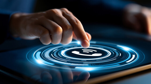 Cropped hand touching a glowing customer service support button on a bright virtual screen interface soft clean gradient background call center business technology concept indoor with