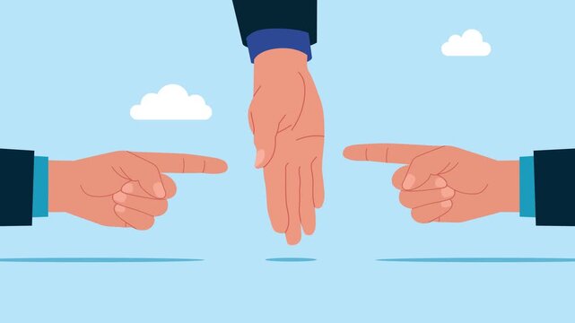 Hand separating businessmen into two groups. Conflict and argument, difference opinion, disagree, confrontation. Business animation video