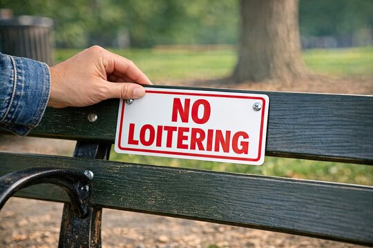 A person sits on a park bench with a no loitering sign in hand