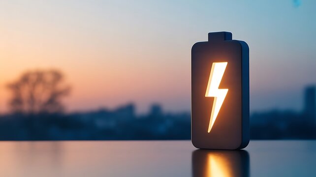 A glowing battery representing energy storage and power efficiency, set against a blurred city skyline during a sunset background
