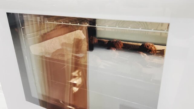 Chocolate cookies baking inside closed white oven close up 16:9, homemade bakery concept