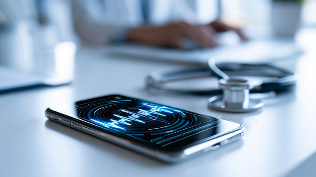 Close up of a stethoscope resting beside a smartphone displaying a glowing voice wave interface on a bright clinical desk surface soft clean lighting medical scribe concept future