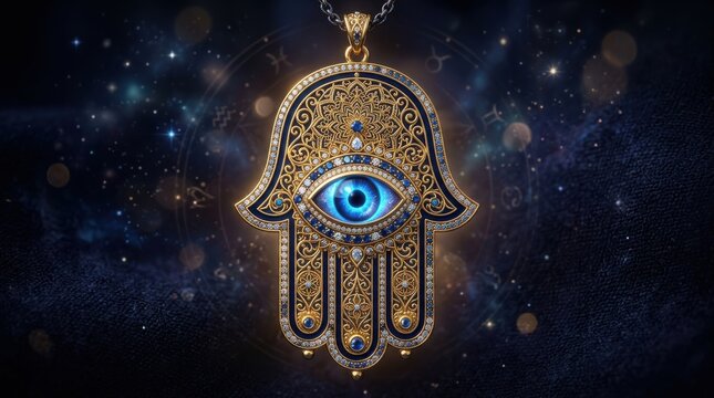 An ornate hamsa hand pendant glistens against a cosmic star filled backdrop amulet jewelry celestial starry detailed gold blue