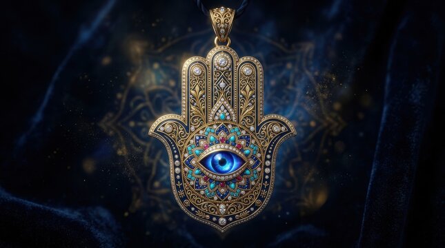 A golden hamsa hand pendant with a blue eye is displayed against a dark ornate backdrop amulet jewelry turquoise
