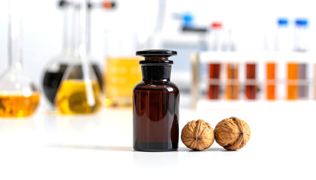 Laboratory iodine setup with glass bottle and walnuts