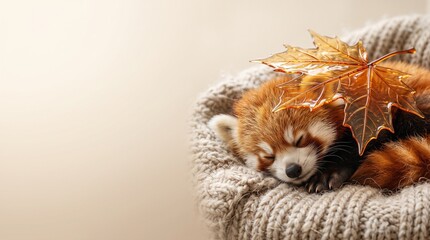 Obraz premium Cute fluffy red panda cub in cozy peaceful autumn aesthetic mood, sleeping in warm knitted wool blanket covered with translucent amber maple leaf on clean light beige background with copy space 