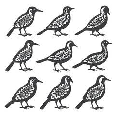 Obraz premium Birds vector silhouettes arranged in a decorative grid pattern with ornamental floral patterns inside each shape isolated on a plain transparent background for graphic design projects.