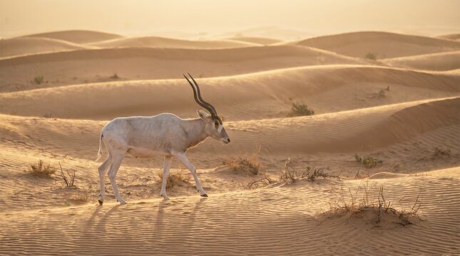 Addax Antelope Walking Across Soft Desert Dunes, Realistic Saharan Landscape With Pale Coat And Desert Light