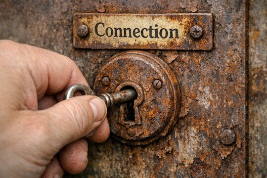A person holds a key to a rusty metal door, great for use in scenes about searching for answers or finding hidden secrets