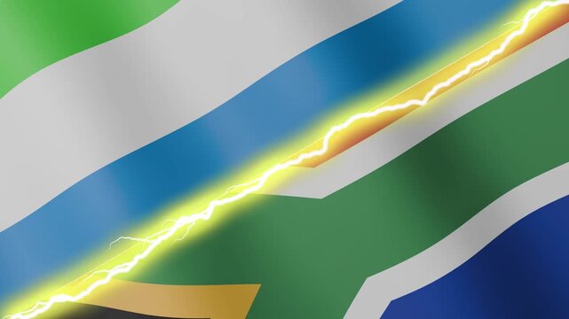 Two waving flags Sierra Leone and South Africa with diagonal lightning seamless, 4k loop
