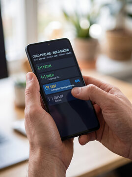 Hands holding smartphone showing continuous integration software deployment pipeline status