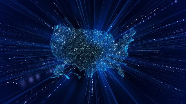 Luminous America particle map rapid digital streaming paths. high speed connectivity, nationwide broadband, telecom carriers, network traffic, satellite services, cloud platforms data communication.