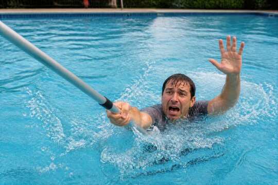 Man struggling in a swimming pool and reaching for a rescue pole