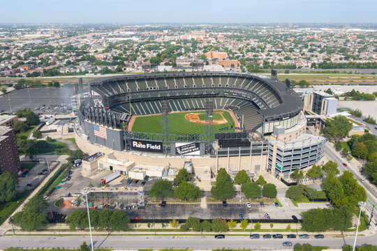 Chicago, IL, USA - August 14, 2026: An aerial view of MLB's Chicago White Sox's Rate Field. The baseball stadium has had many name changes over the years but is best known for Comiskey.