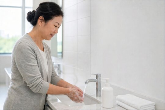 Senior woman washing hands at bathroom sink with soap and towel