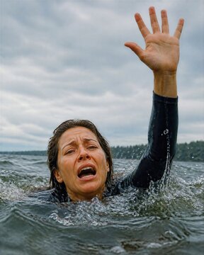 Distressed woman raising hand while struggling in rough water, emergency drowning signal