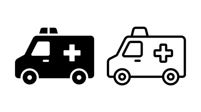 Emergency ambulance vehicle side view vector line icon set in black and white silhouette design