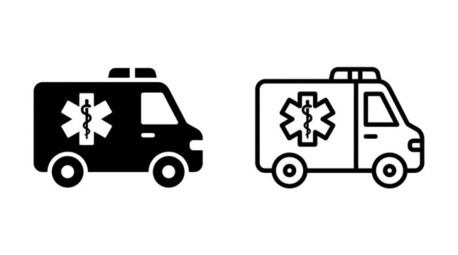 Healthcare emergency ambulance vehicle with star of life symbol vector icon set black and white, ambulance