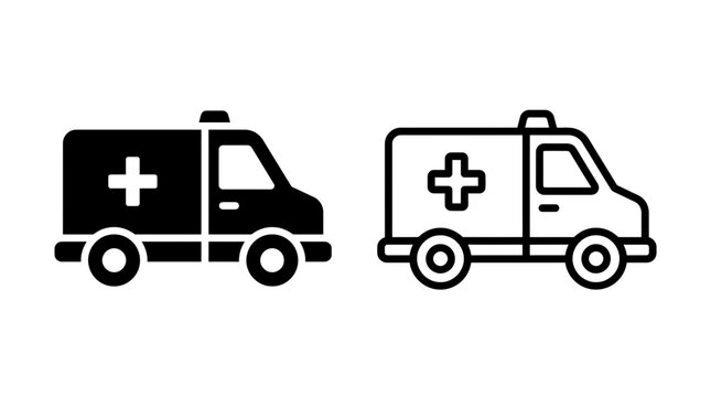 Modern medical emergency ambulance vehicle side profile graphic icon set in solid and outline styles