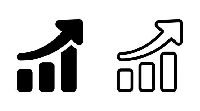 Business growth chart icons with curved rising arrows and bar graphs in black and white style, business