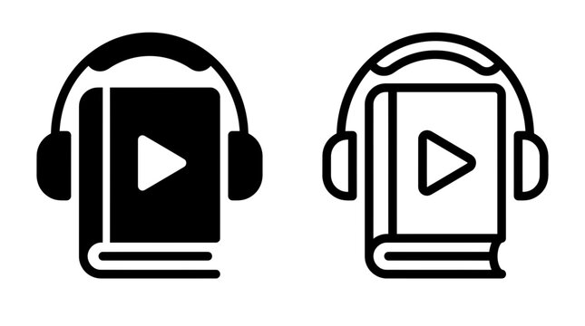 Audio book icon set featuring headphones and play button in solid and outline style audiobook headphones
