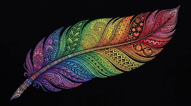 A colorful feather illustration features intricate zentangle patterns against a black background plumage ornament vector doodle pattern decorative detailed