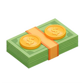 A stack of hundred dollar bills with two golden coins on top isolated on transparent background