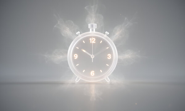 A glowing alarm clock emitting ethereal smoke on a dark grey background.