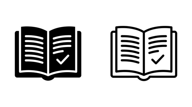 Book with check mark icon set vector illustration black and white glyphs and outlines education learning
